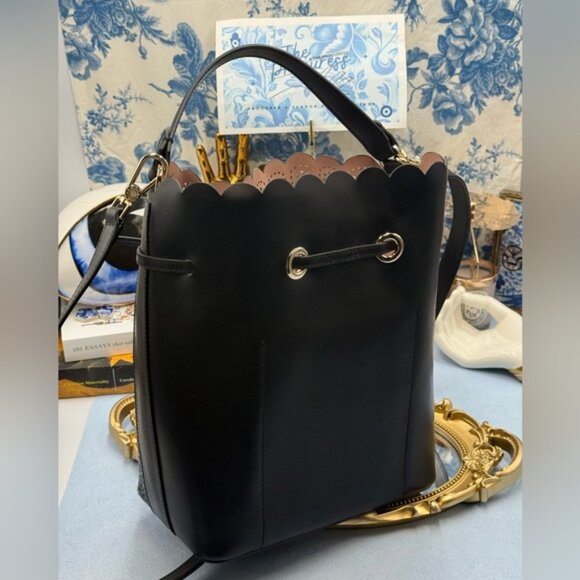 🆕 FURLA 🧿 NWOT Constanza Laser Cut Drawstring Bucket Bag, Black Leather - Picture 8 of 14